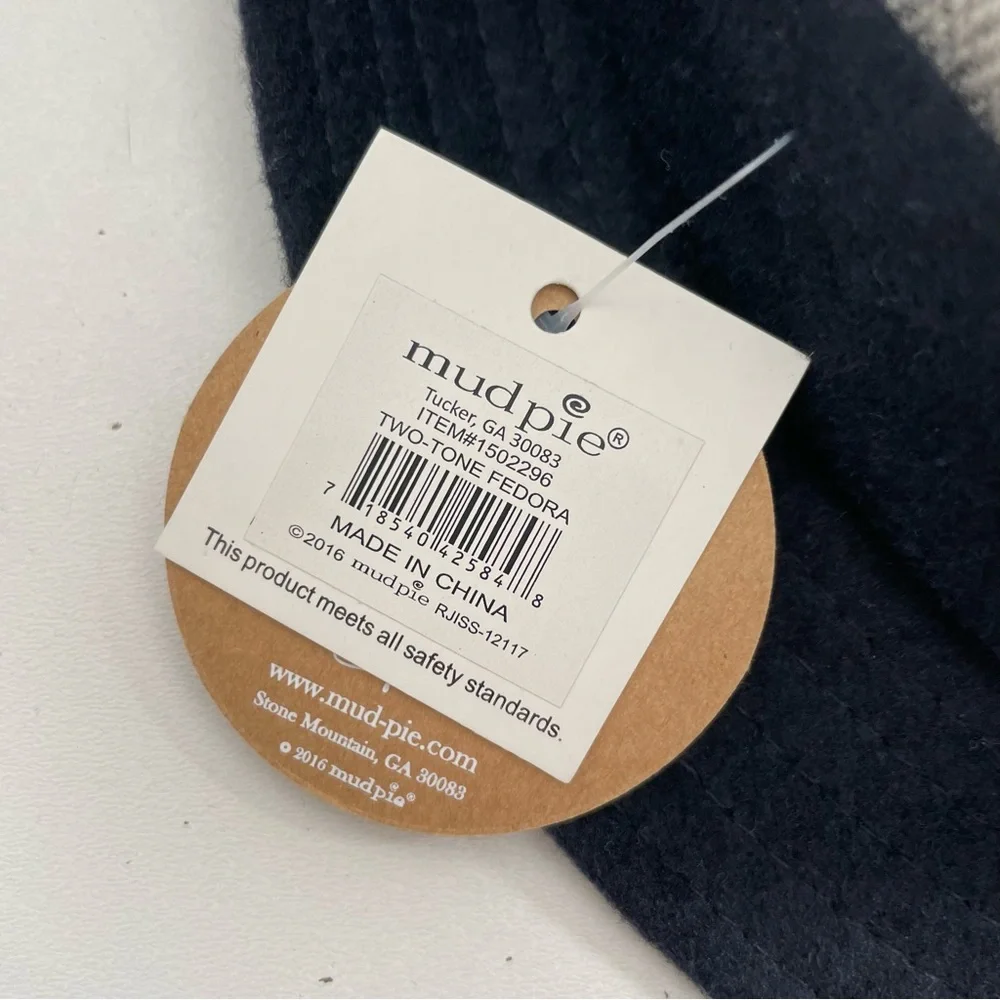 Mudpie Hat Fedora Herringbone Band Ribbed Brim Two Toned Grey Navy Blue